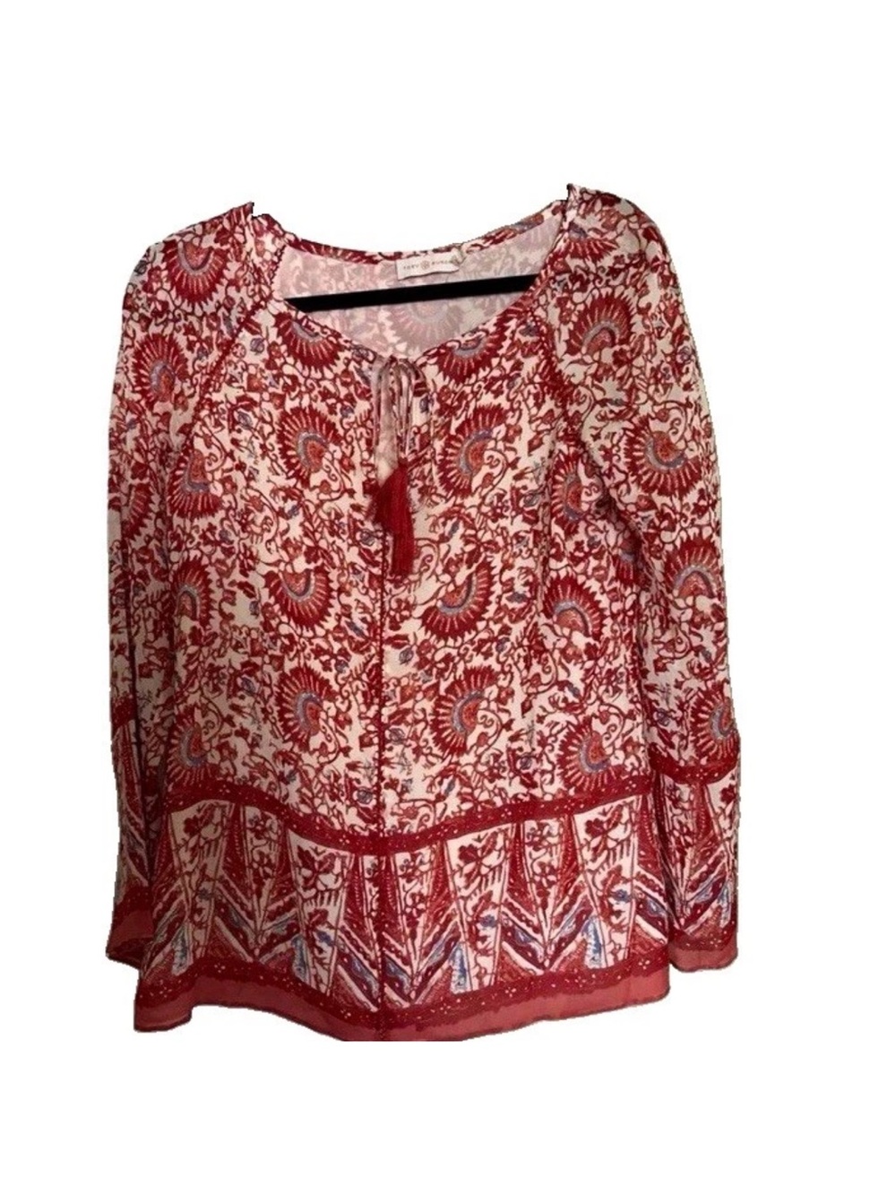 Tory Burch SZ S Long Sleeve Silk Pullover Top Paisley Boho Cottagecore Peasant